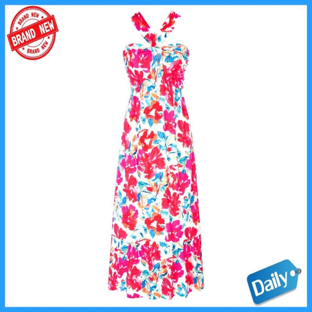 Floral Print Maxi Dress Criss Cross Halterneck Sleeveless Boho Summer Flowy